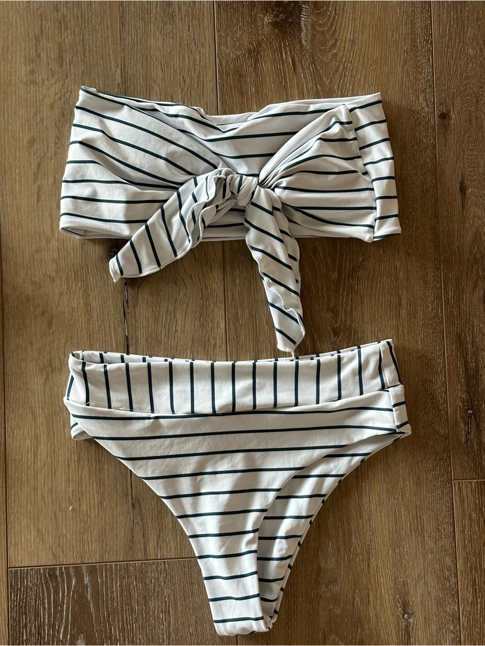 Striped Tie-Front Bandeau Bikini Set — White with Navy Stripes